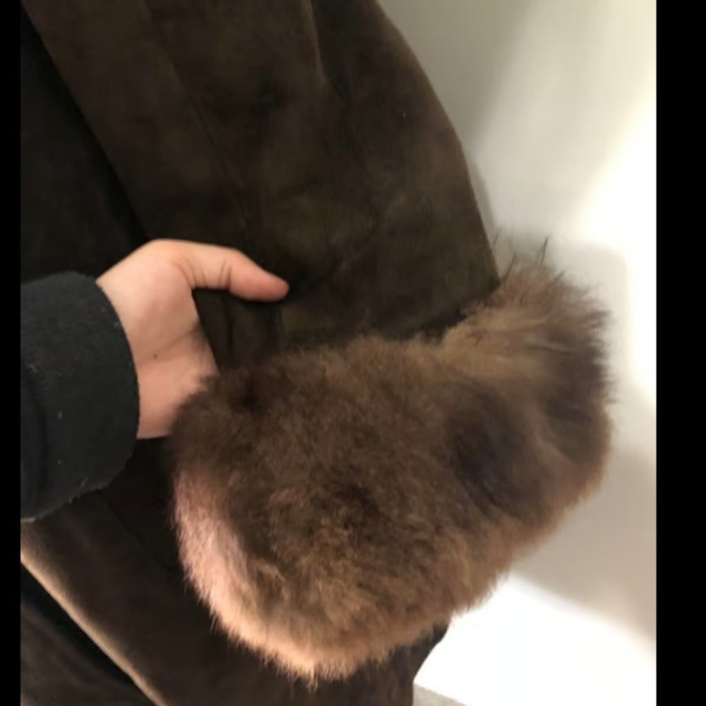 Vintage 1950s 1960s Buttoned Suede Fur Trim Coat - Picture 2 of 6